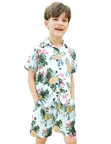 Big Boys Button Down Hawaiian Shirts Elastic Waist Cute Flower Shorts