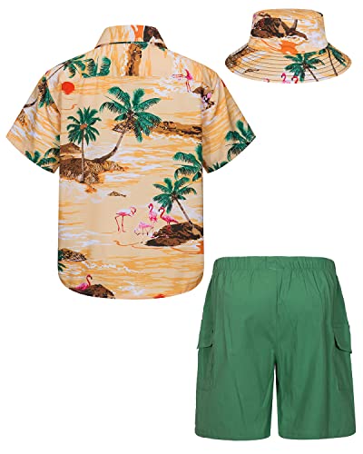 Boys Hawaiian Shirt and Short Set Summer Outfit Kids 2 Piece Clothes Button Down Shirts Set with Bucket Hat Yellow 5-6 Years Old